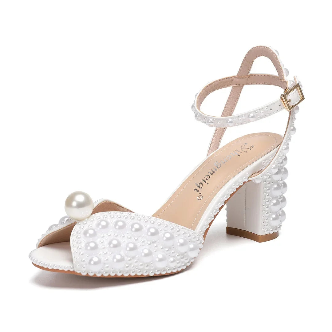 Maogu Women Sandals Fashion High Quality Wedding Shoes Women New Pearls Studs Luxury Peep Toe High Heels Buckle Woman Sandal 43