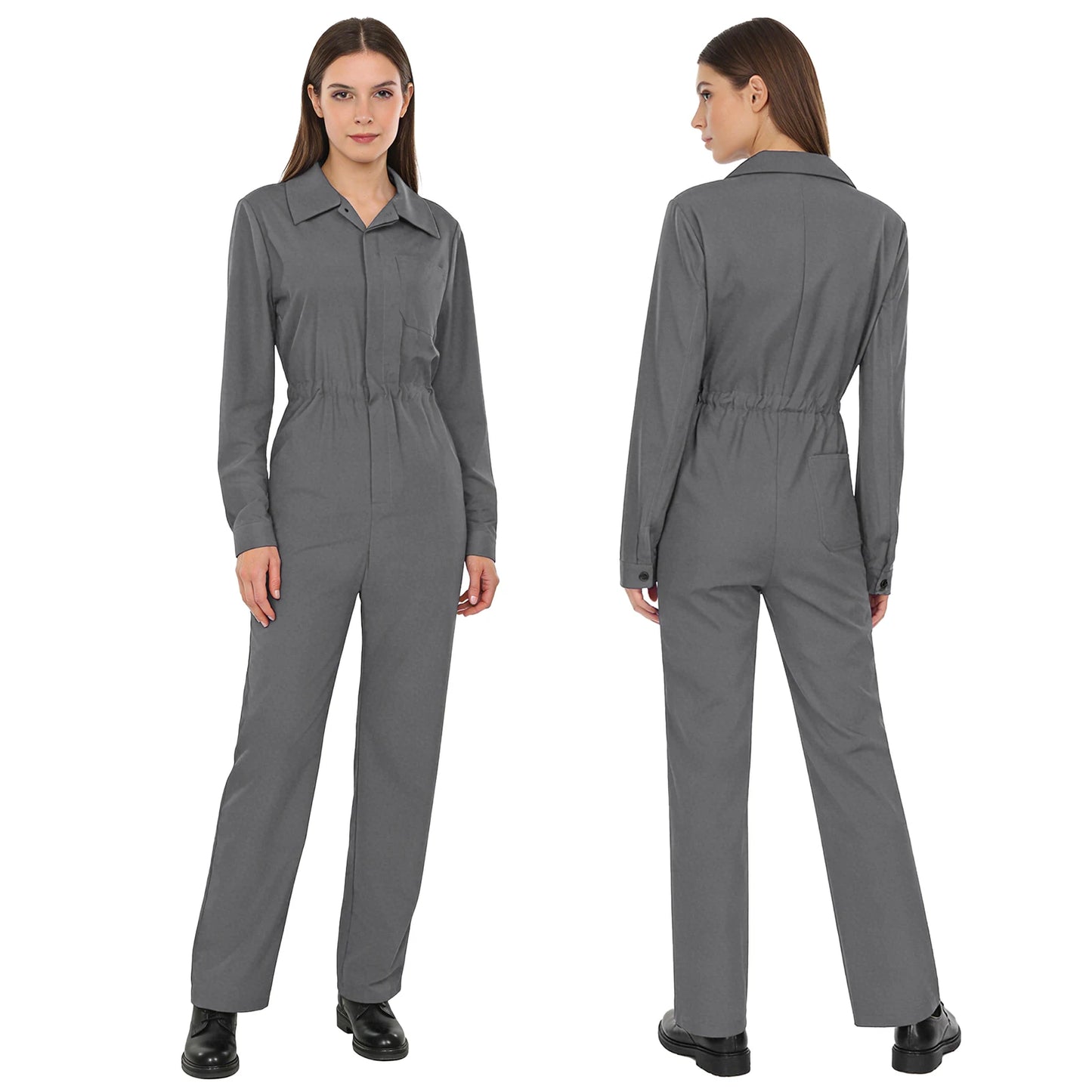 Womens Coverall Solid Color Turn-Down Collar Long Sleeve Button Jumpsuit Mechanic Work Overalls Fashion Casual Cargo Rompers