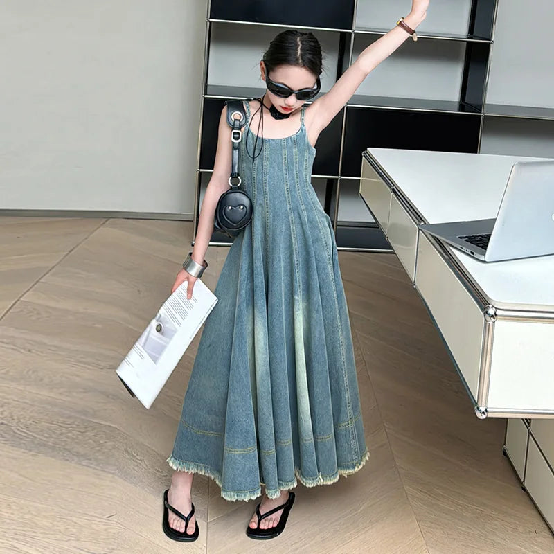 Kids Luxury Clothing Summer Denim Dress with Straps for Teenage Girls High Fashion Streetwear Outfit Children Casual Jeans Dress