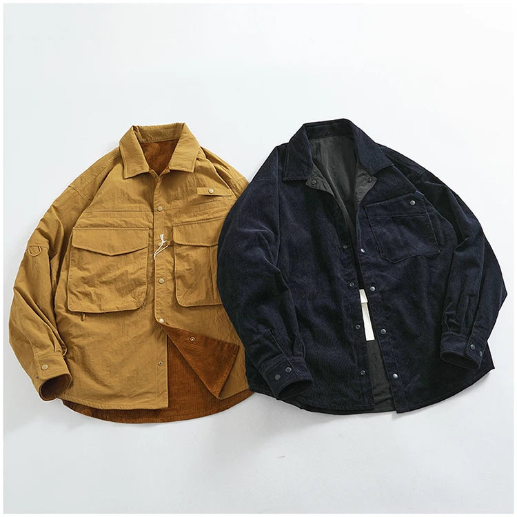 Reversible A+B fabric outdoor functional cargo jacket men's loose pocket lapel retro American casual jacket