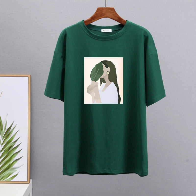 Hirsionsan Harajuku Printed T Shirt Women 2023 Summer Chic Tees 100% Cotton Elegant Graphic Clothes Loose Casual Pullover Tops