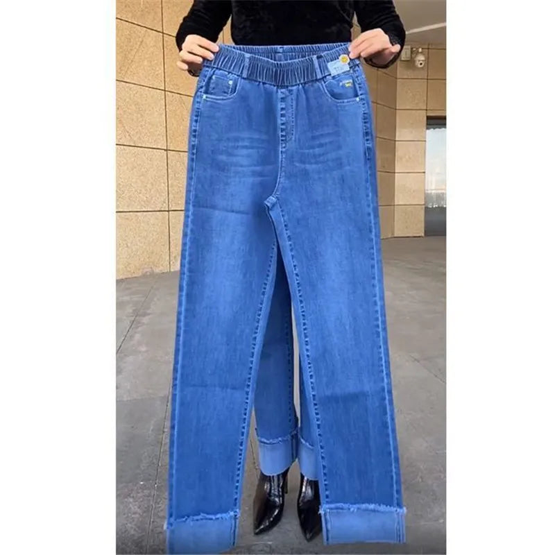 Plus Size Middle Aged Womens Jeans Elastic Waist High Waist Loose Denim Pants
