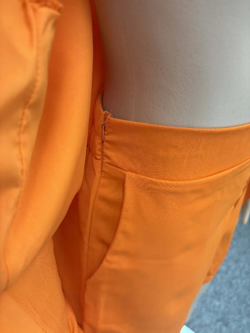 Women's African Style 2 Piece Set Sexy Summer Orange Deep V Neck Blazer & High Waist Shorts Elegant Party Club Outfits