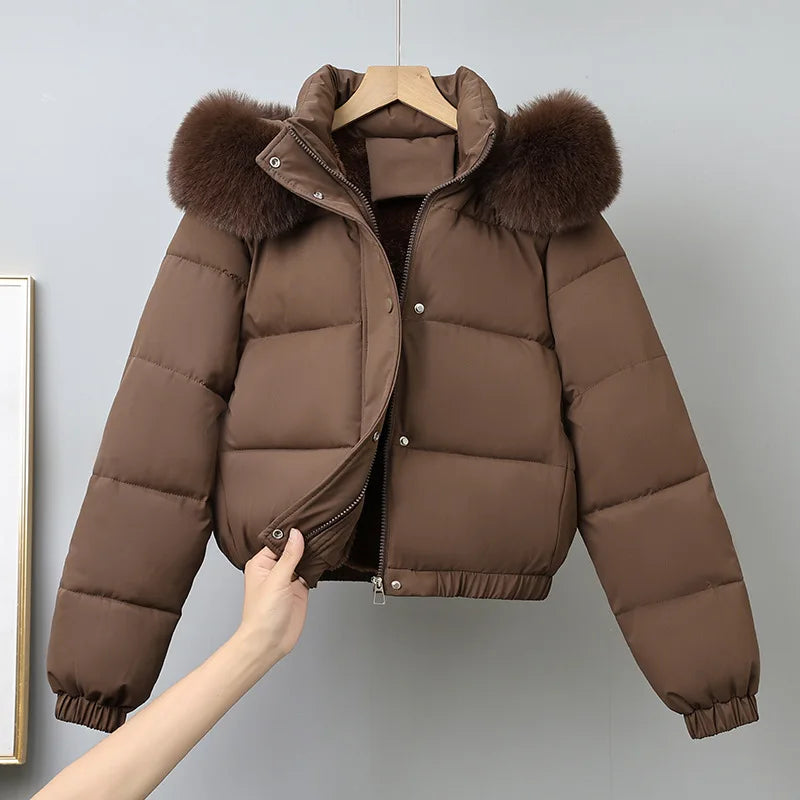Short Coats Women Parkas Hooded Fur Collar Jackets Thick Warm Y2k Streetwear Elegant Jacket Work Coat Autumn Winter 2025