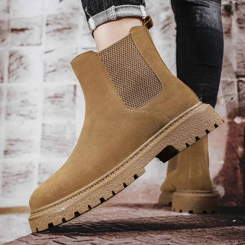 Mens Genuine Leather Chelsea Boots Ankle Casual Fashion Boot Luxury Winter Plush Warm Non-Slip Soles Pure Black Brown Suede