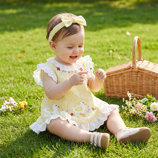 2026 Summer Baby Romper Cute Duck Floral Embroidery Ruffle Trim Bodysuit for Girls Plaid Sleeveless Infant Clothes