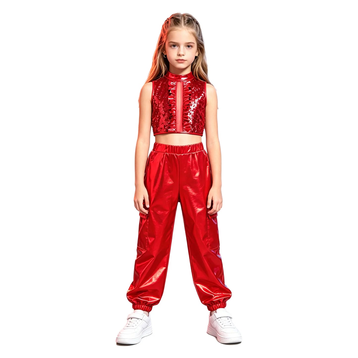 Kids Girls Disco Jazz Hip Hop Dance Outfit Sleeveless Shiny Sequin Ruffle Crop Top with Metallic Pants School Show Party Costume