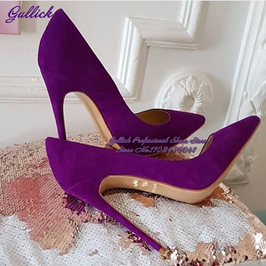 Gullick Women Hot Pink Suede High Heel Shoes 12Cm 10Cm 8Cm Stilettos Slip-On Pointed Toe Wedding Shoes Shallow Pumps Size45