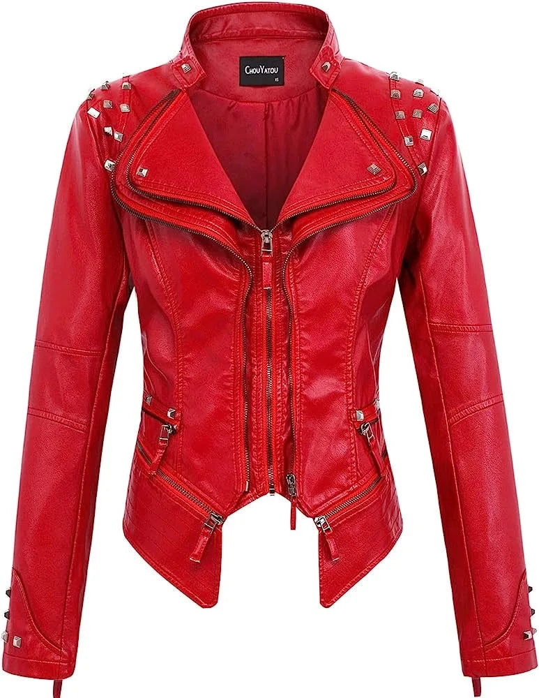 2025 Spring Women PU Leather Jacket With Suit Collar And Rivet Waist