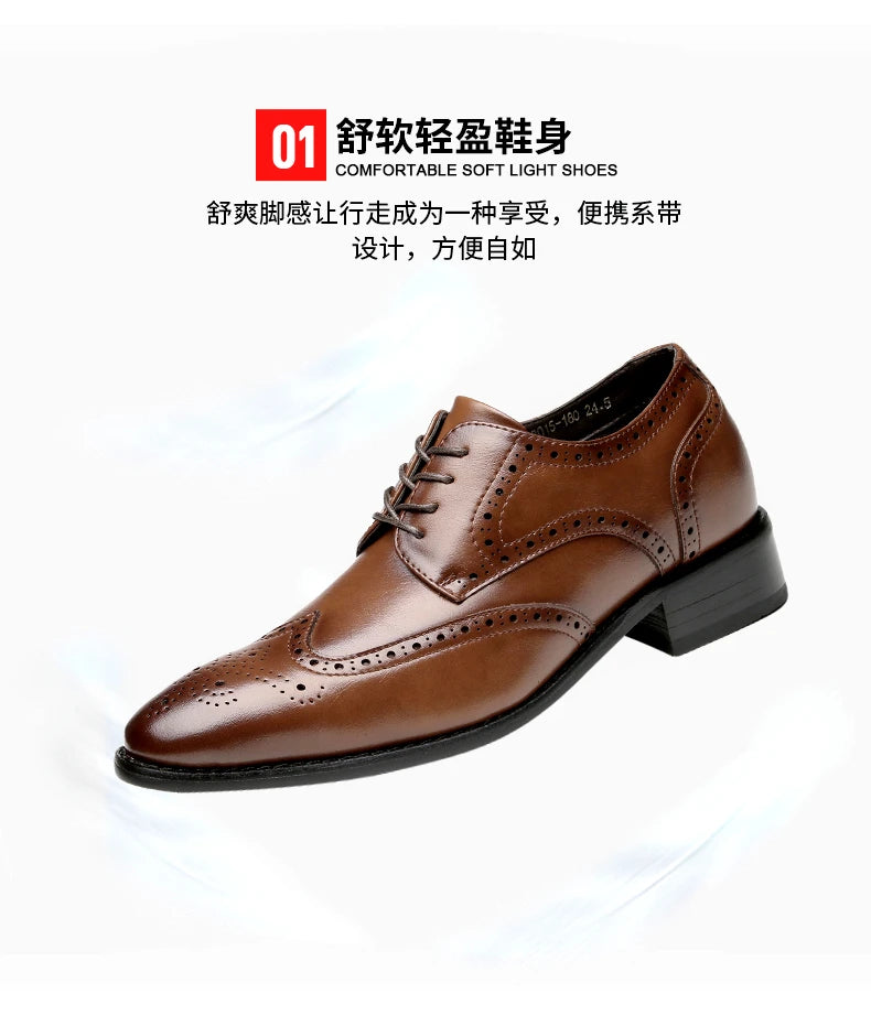 High Quality Genuine Leather Brogue Men Elevator Shoes 6CM Height Increase Oxford Men Formal Dress Shoes Business Office Wedding