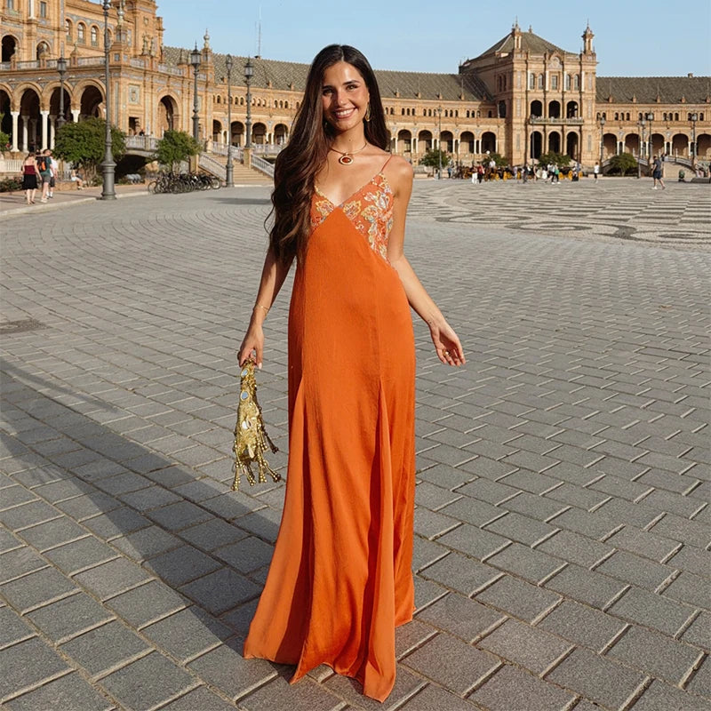 Sexy Women's Sequined Flower Long Orange Sling Dress Deep V Neck Sleeveless Backless Dresses 2026 Summer Holiday Party Robes New