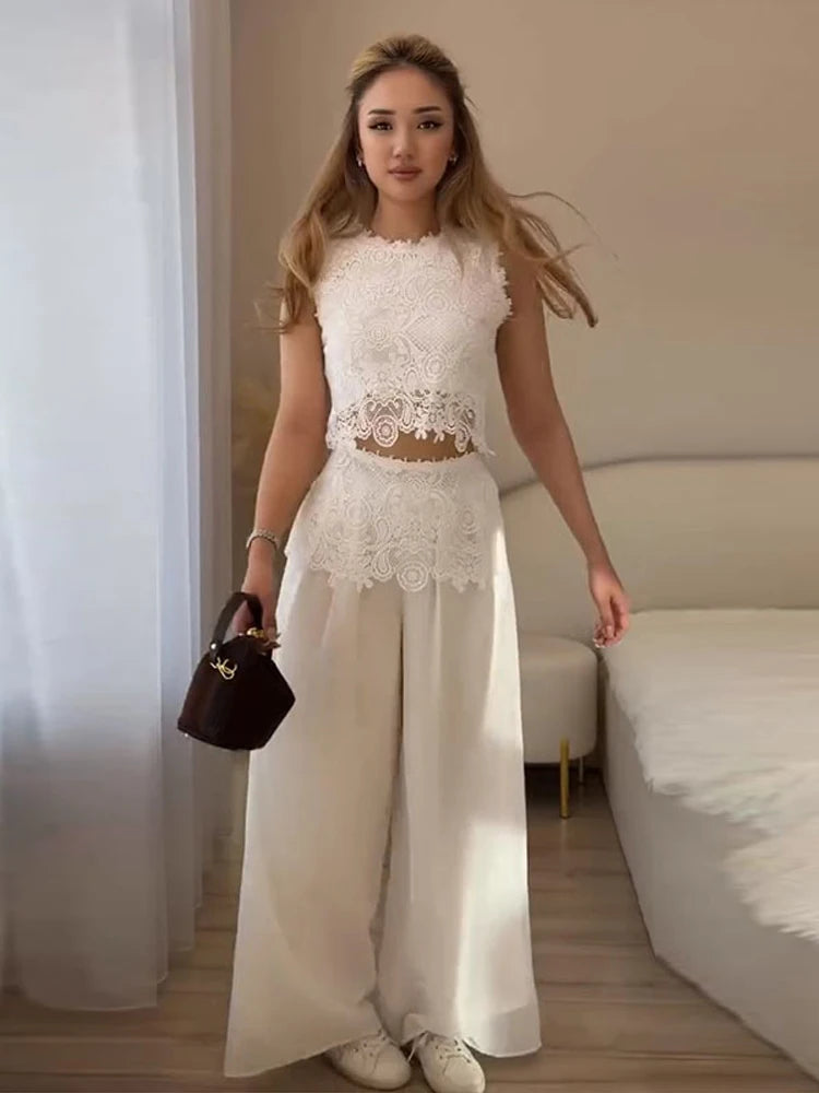 Casual Lace Tops Pants Sets Women O Neck Sleeveless High Waist Wide Legs Outfits Female 2026 Summer Beach Vacation Solid Suits