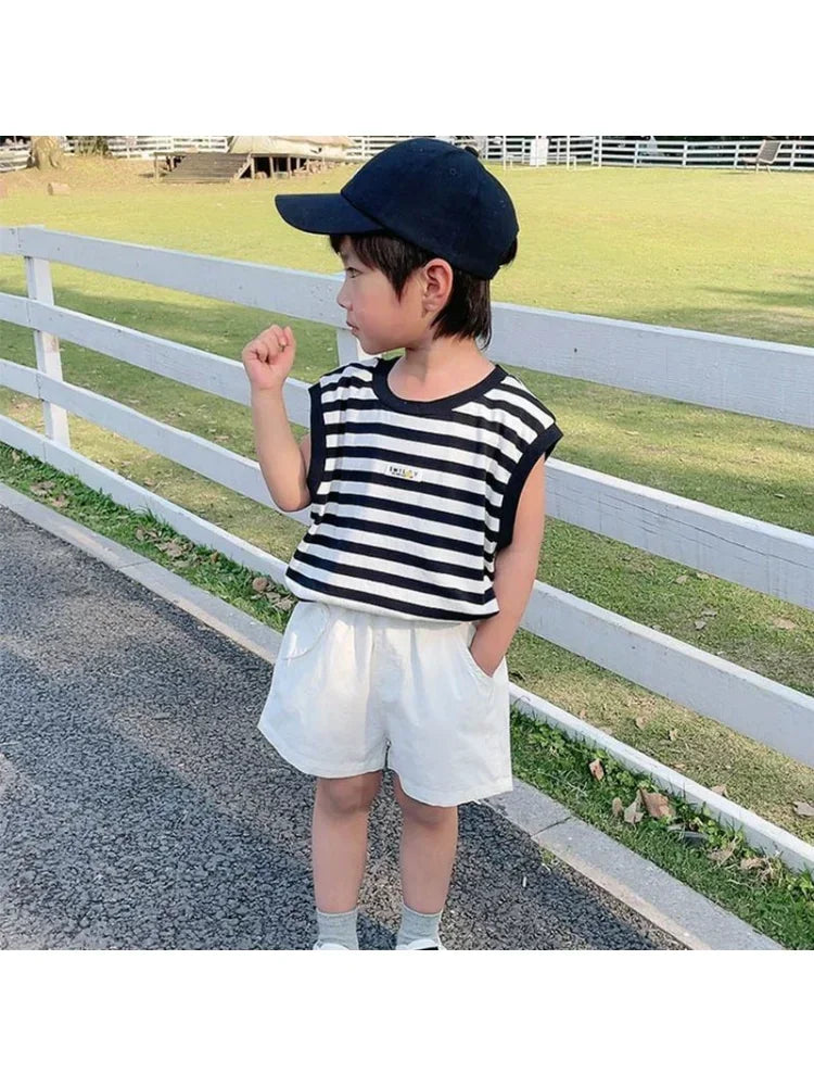 Boys' Striped Summer Casual Clothing Girl Children Handsome Boy Baby Sleeveless Vest and Shorts Set Kids Clothes Boys Outfits