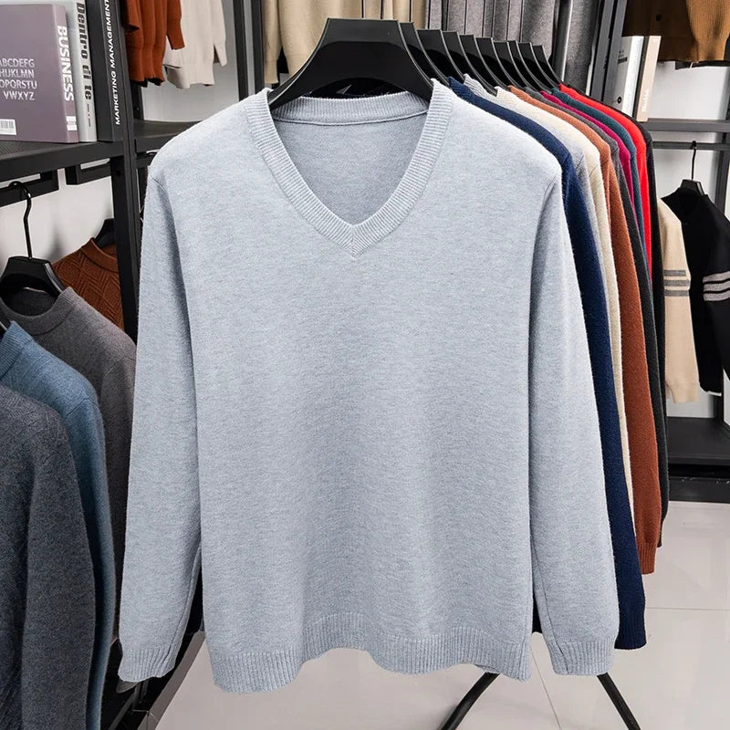 2026 Men's V-Neck Basic Solid Color Sweatshirt Warm Autumn Knitted Oversize Pullover Elastic round Neck Sweater for Casual Wear BAZAARHUBO