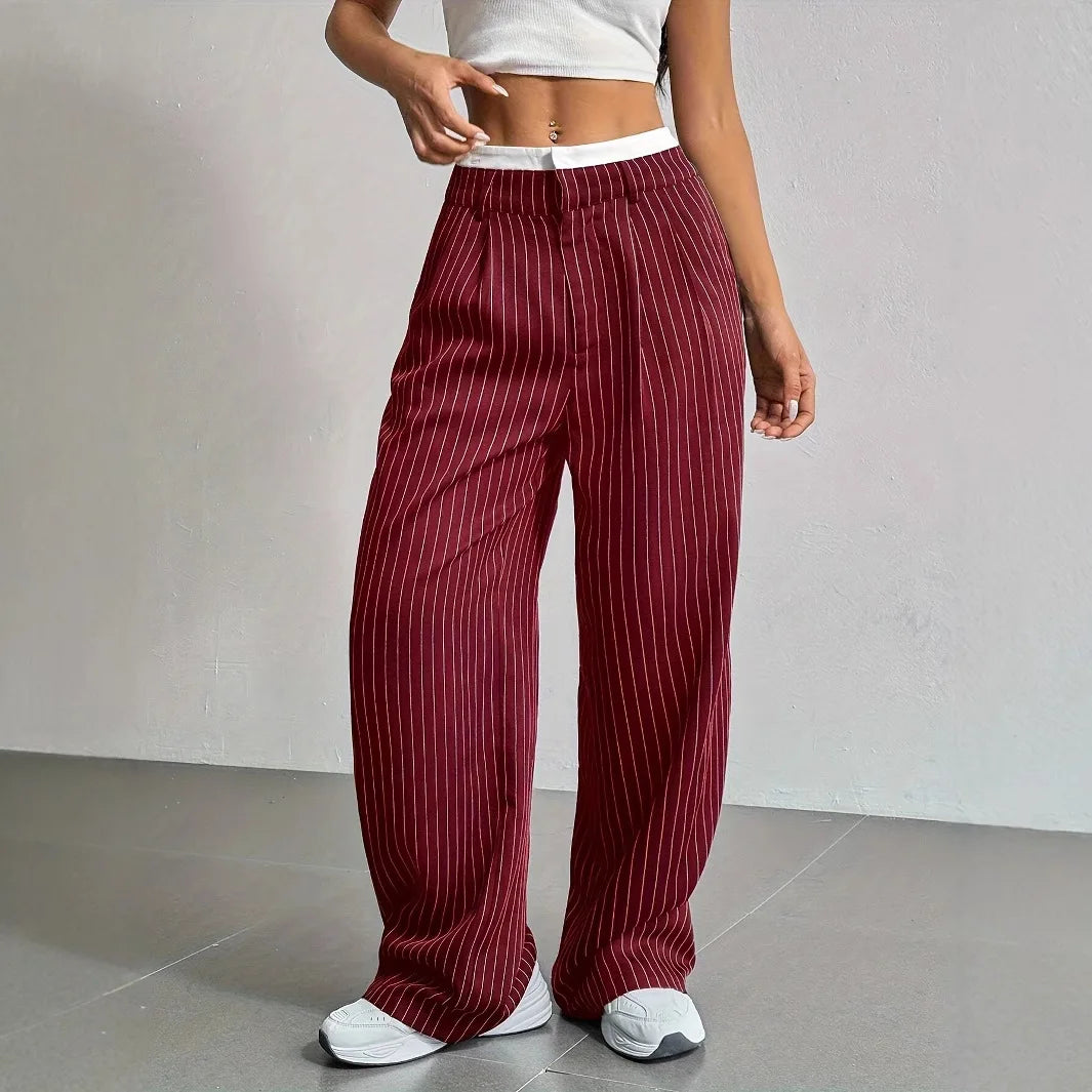 Fashion Pants Women's Stripe Straight Pants 2024 Autumn Winter High Waisted Casual Suit Pants Office Lady Women Trousers Bottoms BAZAARHUBO