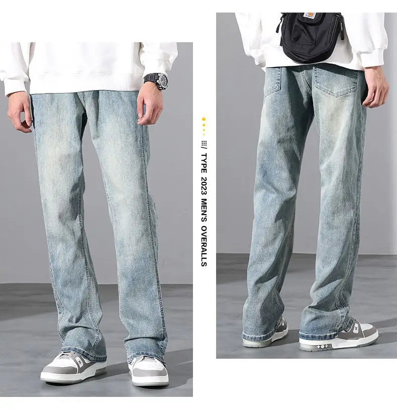 2026 New Mens Fashion Retro High Street Jeans Spring Summer Loose Casual Straight Leg Micro Flared Long Trousers Male Streetwear