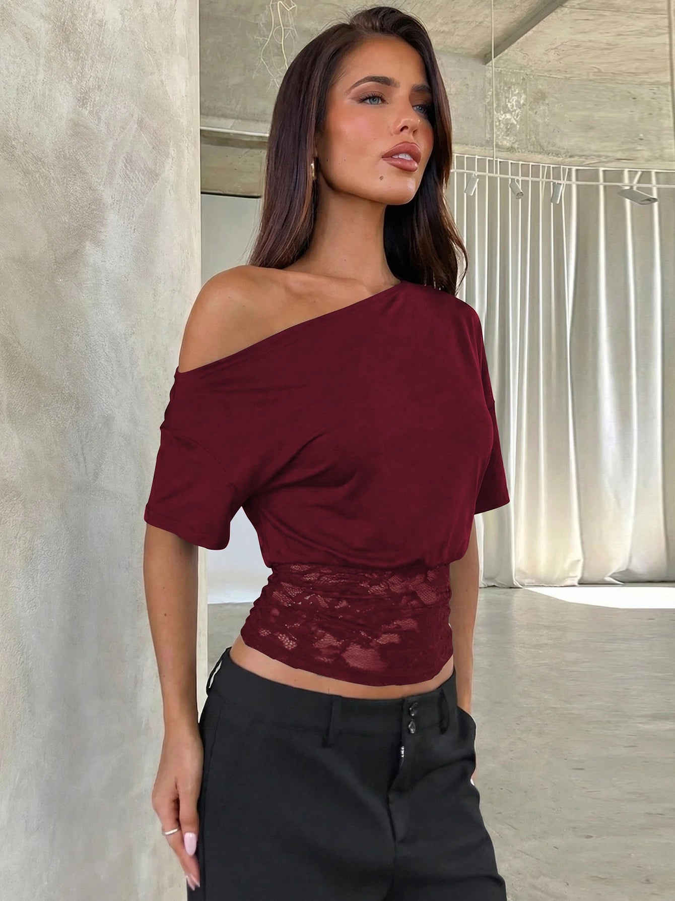 Dulzura Inclined Shoulder Short Sleeve Slim Lace Patchwork T-Shirt Women'S Vintage Sexy Casual Y2K Top Party Club Summer Clothes