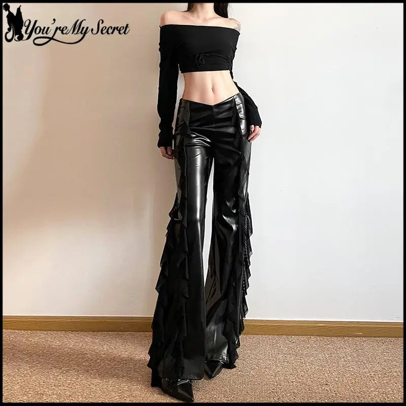 Punk Style PU Leather Pants Gothic Black Lace-paneled Trouser Sexy High-waisted Slim Flared Pants 2026 Summer Women's Clothing