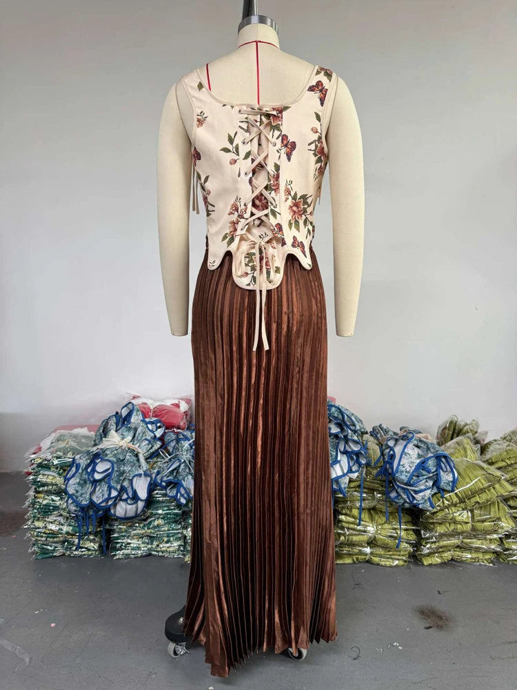 Women's Dresses Sets Floral Print Corset Top High Waist Pleated Long Maxi Skirts Suit 2025 Party Evening 2 Two Piece Set Outfit