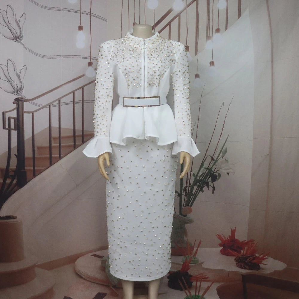 Fashion Suit African Dresses for Woman Rhinestone Turkey Dresses for Women Luxury High Quality Mesh Fabric African Beaded Dress