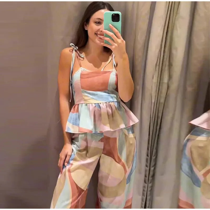 Pastel Print Cami Top Wide Leg Pants Set Ruffle Hem Sleeveless 2026 Summer Vacation Women Co-ord Set Chic Causal Lady Outfit