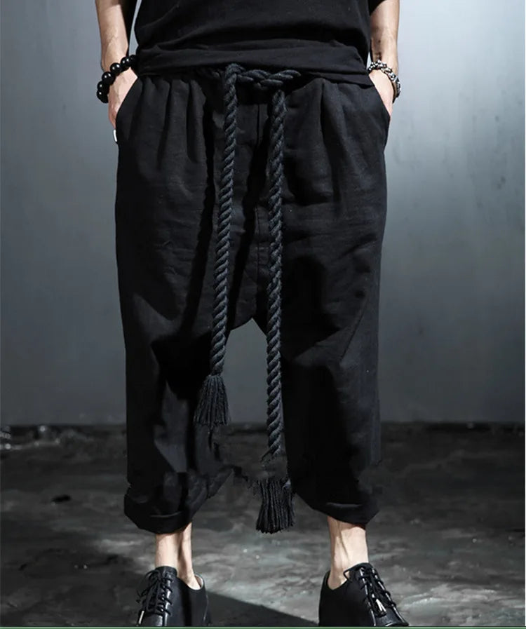 Men's Summer Black Linen Harem Pants Nightclub Stage Baggy Trousers With Rope Belt Mens Gothic Punk Hip Hop Joggers Street Wear