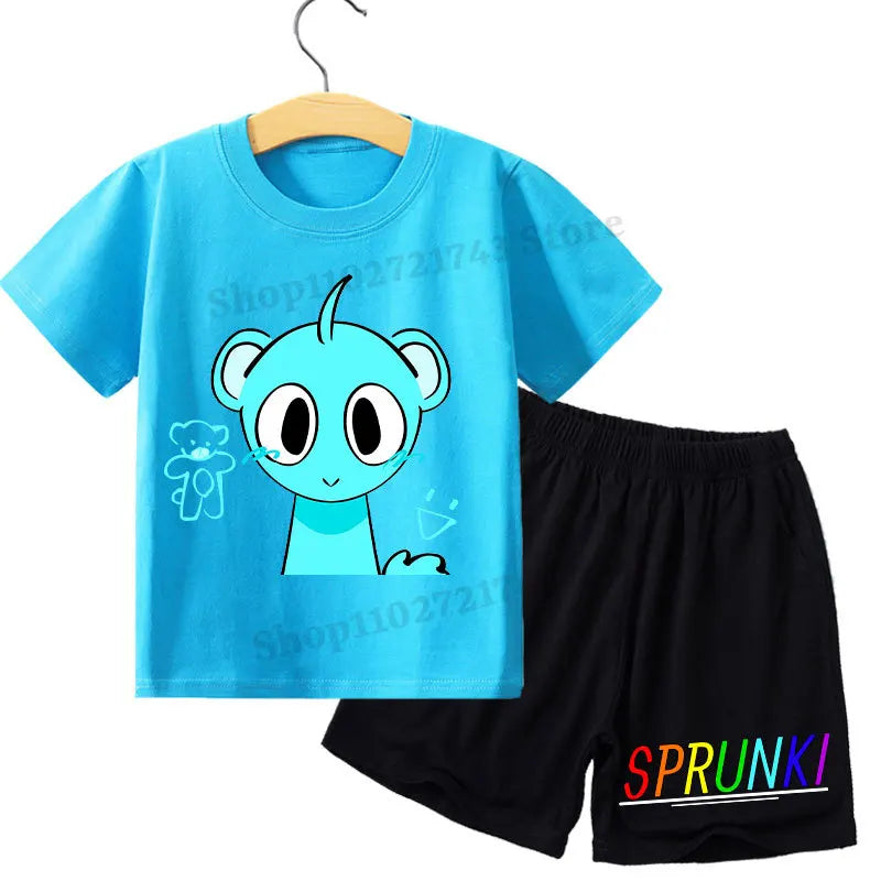 Kids 2 Piece Outfit Sprunki Red Face Character T-Shirt + Shorts Set Boys Girls 100% Cotton Casual Summer Pajamas Set