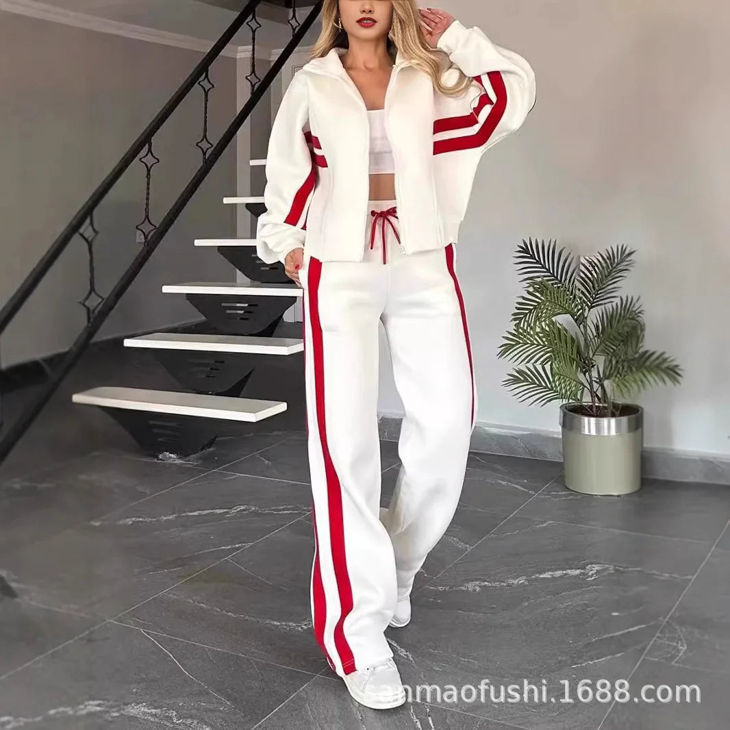 Y2K Striped Zipper Coat+sweatpants Two Piece Set Women Casual Batwing Sleeve Sports Jacket Outfits Autumn Winter Sweatshirt Suit
