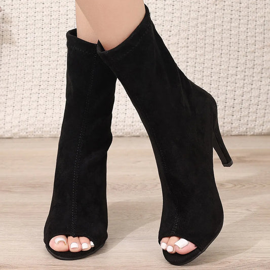 Women's High Heels Solid Color Super High Heel Square Toe Fish Mouth Boots Sexy Open-toe Stiletto Sandals