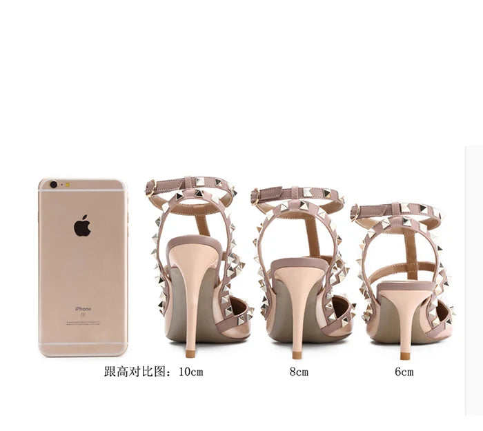 Nude Women's Gladiator sandals Summer 2025 Luxury With Ankle Strap Pointed Toe Fashion Rivet High Heels Party Ladies Shoes Women