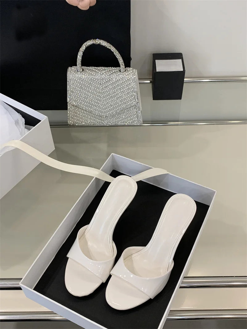 Liyke White Patent Leather Women Slippers Sandals Fashion Round Open Toe Thin High Heels Mules Slides Summer Party Dress Shoes