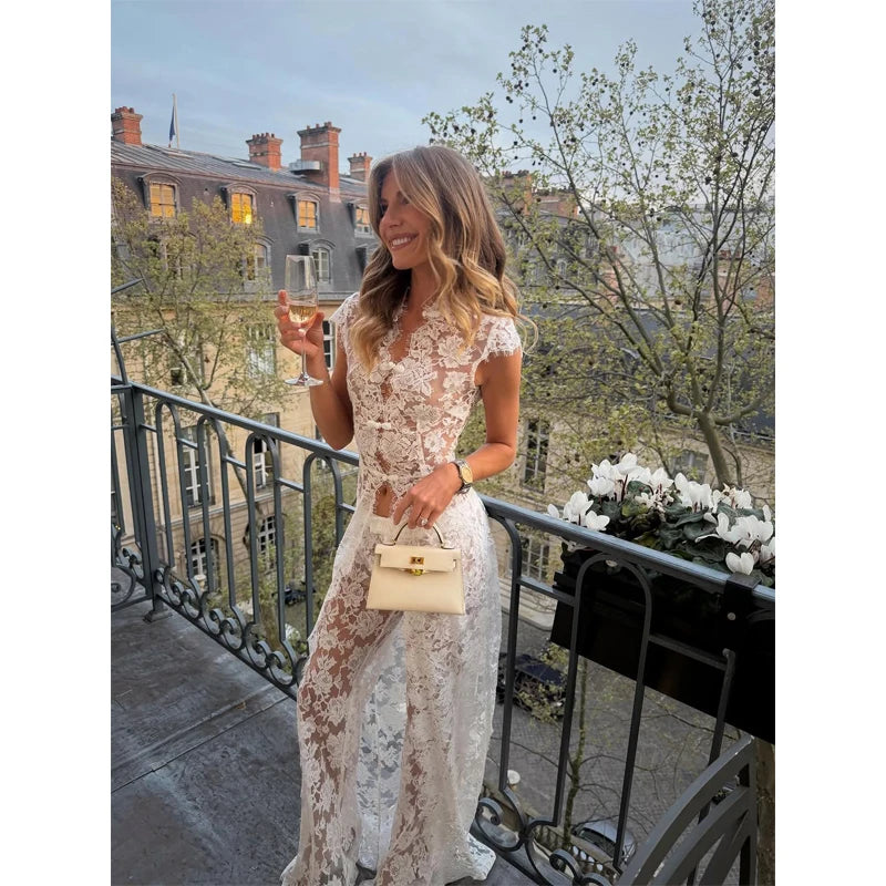 Solid Lace Halter Maxi Dress Sexy Cutout Waist Sheer Slim Fit Fishtail Long Gowns Women's Summer Evening Party Robes 2026 New
