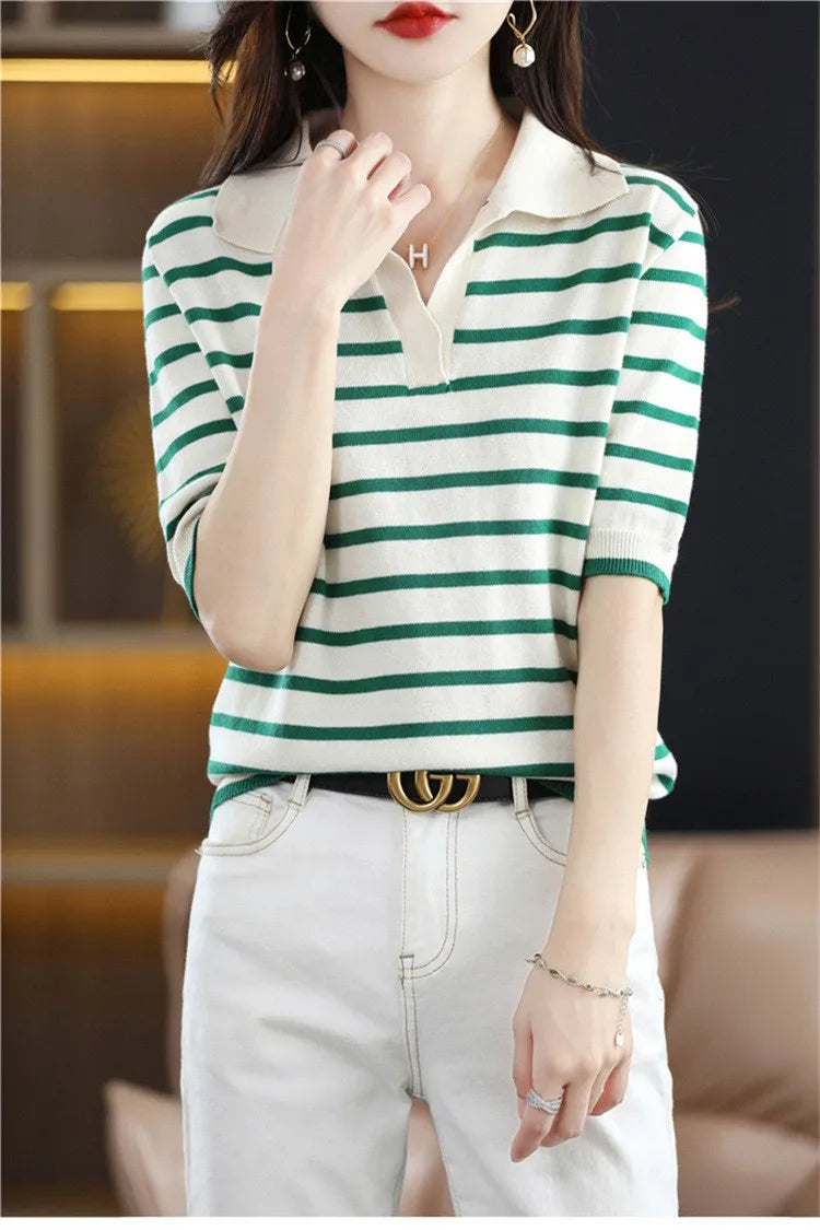 WinvyNee Summer Short Sleeved Women's Solid Polo Shirt Casual Cotton Striped Top T-shirt Women Clothing Casual Knitted A1002001