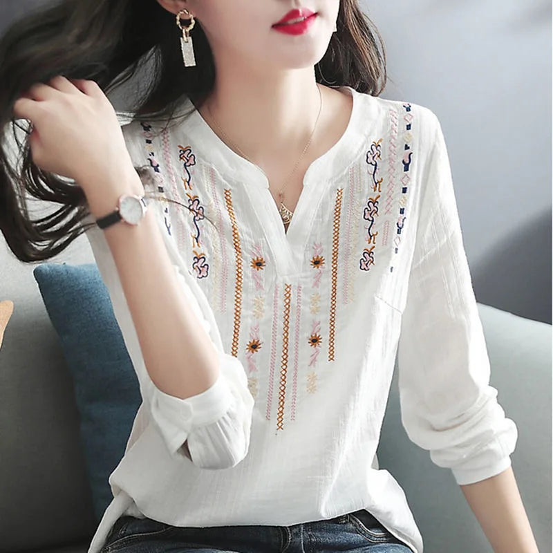 Women Spring Autumn White Blouses Tops Lady Casual Embroidery V-Neck Long Sleeve Vintage Loose Blusas Top DF4272