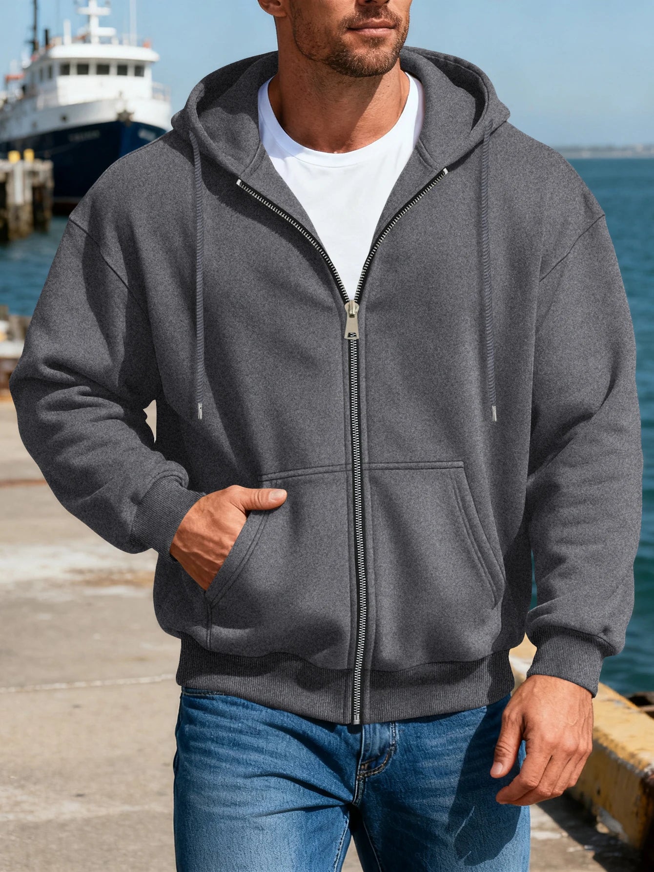 Men's Comfortable Fleece Hooded Sweatshirt Zipper Jacket Sports  Shirt Long Sleeved Sweatshirt Autumn and Winter Hooded Coat BAZAARHUBO