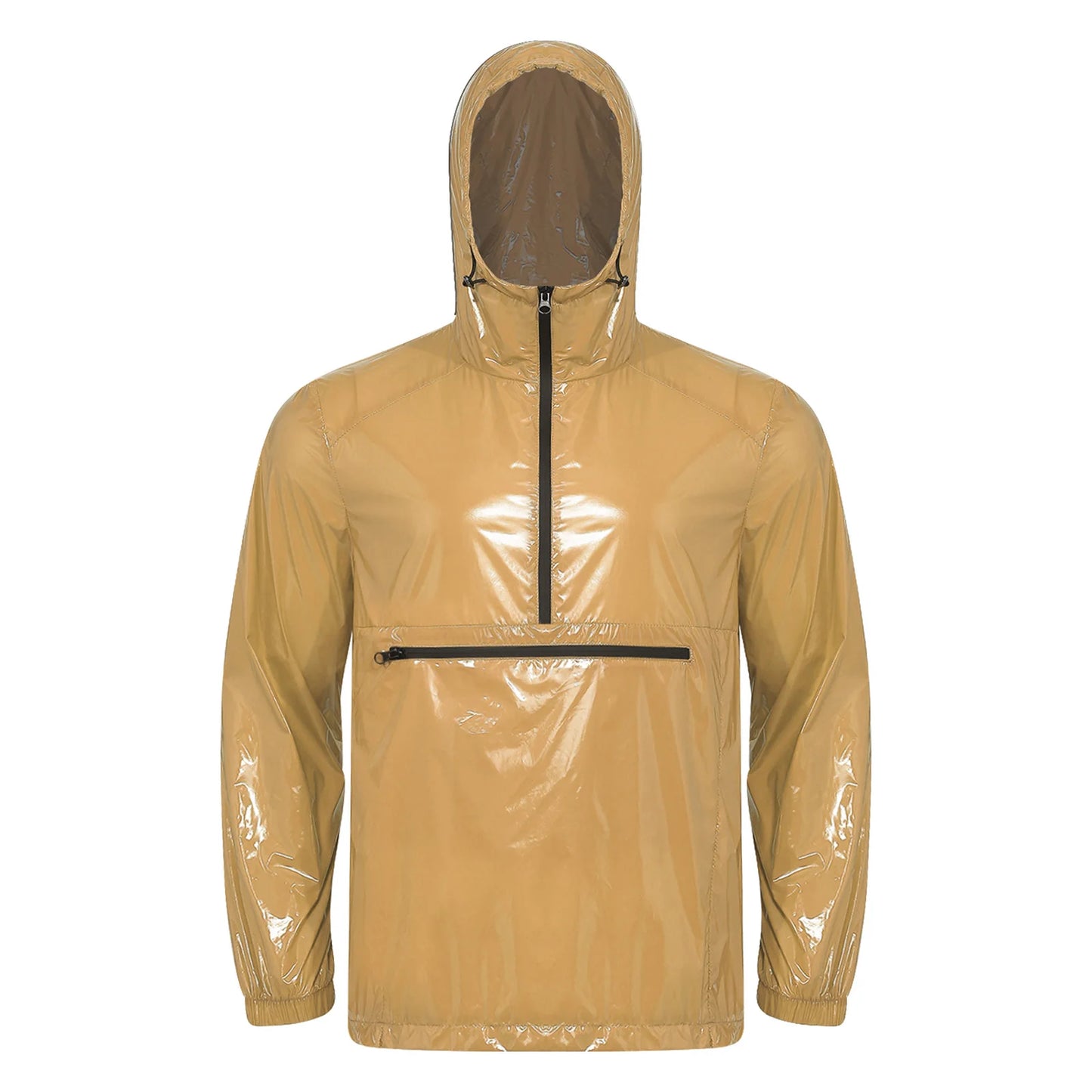 Men Shiny Glossy Hooded Jacket Windbreaker Raincoat for Hiking Fishing Biking Long Sleeve Front Zip-up Drawstring Hood Outerwear