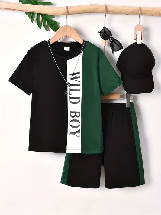 Hot Boys Casual Fashion Set Street Simple Color Pattern Printed T-shirt and Shorts Set Summer Vacation