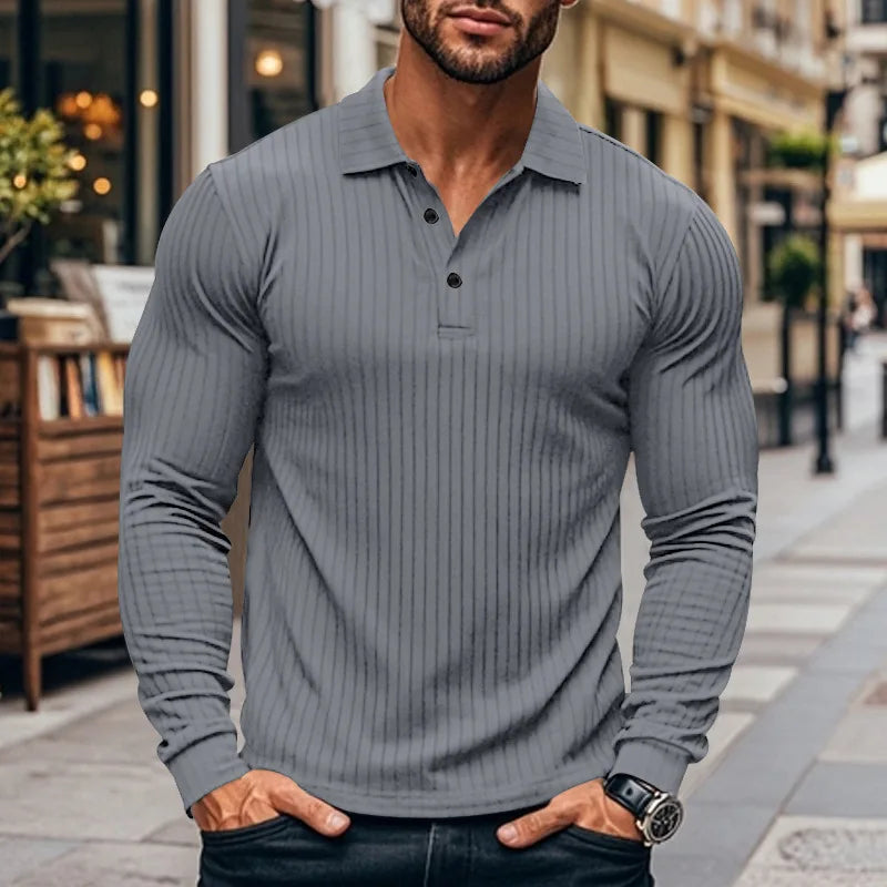 Cross-border autumn men's classic casual American lapel button-up long-sleeved T-shirt elastic pit strip polo shirt