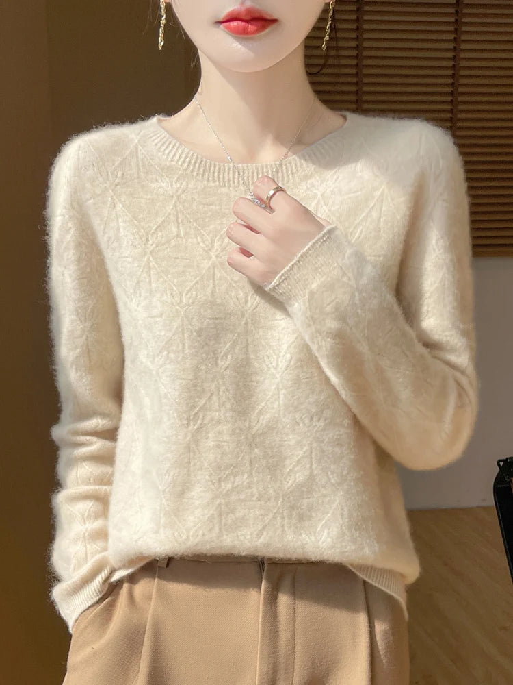 Women 100% Merino Wool Sweater Casual Hollow out Cashmere Blouse O-neck Pullover Tops Autumn Winter Warm Knit Woman Wool Sweater