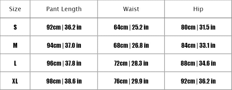 Bazaarhubo fleece women's thermal leggings size chart showing S–XL with pant length, waist, and hip measurements