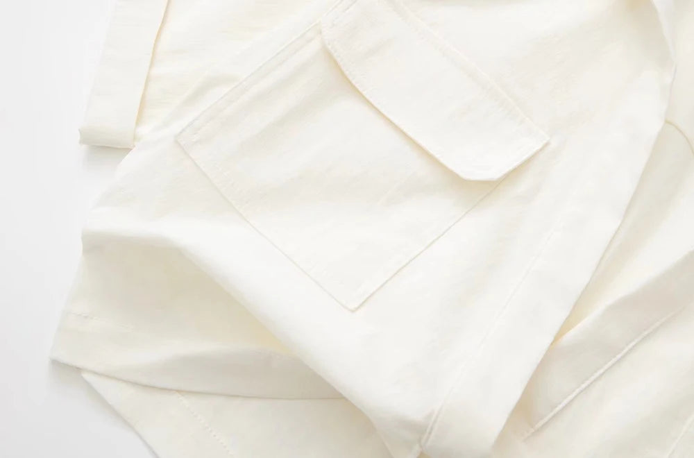 Women Fashion Front Knot Elastic Linen Cropped Shirts Vintage Short Sleeve Patch Pockets Female Blouses Blusa Chic Tops