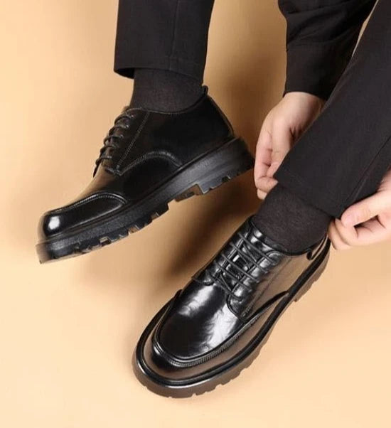 Round Toe Height Increasing Thick Sole Black Leather Shoes for Men Low Price High Quality Social Fashion New in Man Casual Shoe
