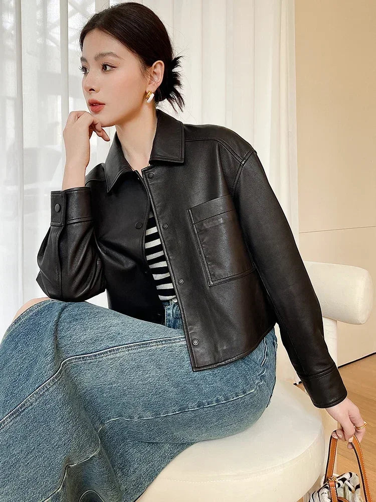 Casual Black Natural Sheepskin Coats for Women Spring Autumn 2026 New Trend High-end Simple Soft Short Genuine Leather Jacket