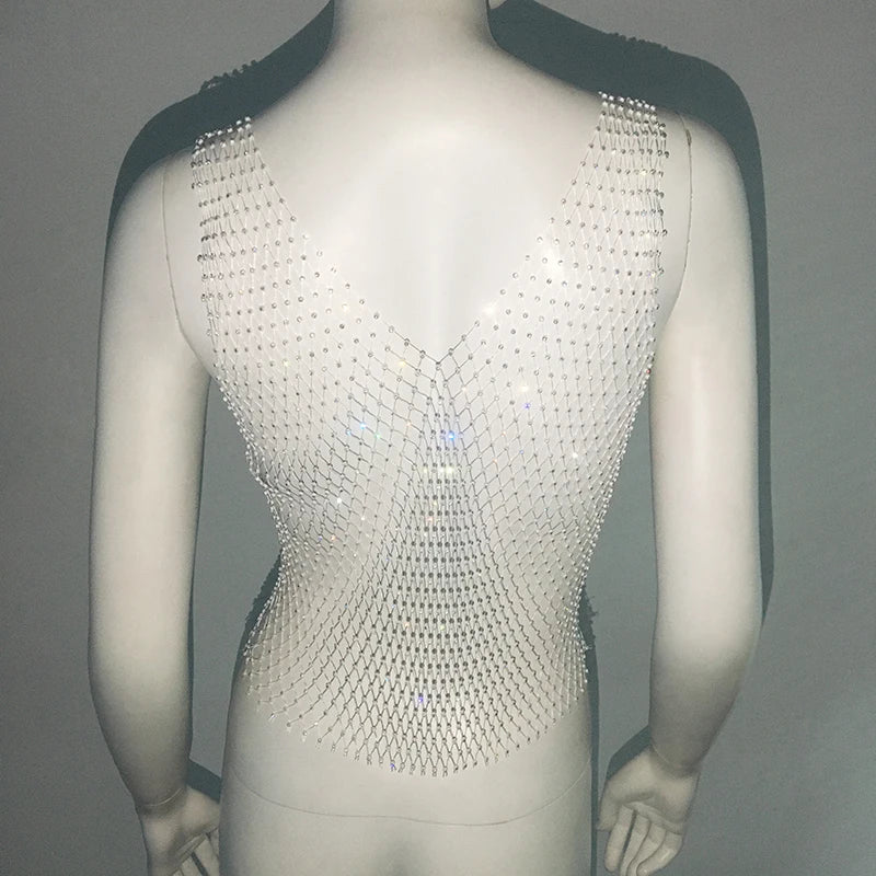 Sexy Shiny Rhinestone Fishnet Women Y2K Tank Tops See Through Crop Top Summer Beach Cover Up Tops Party Nightclub Women Clothing