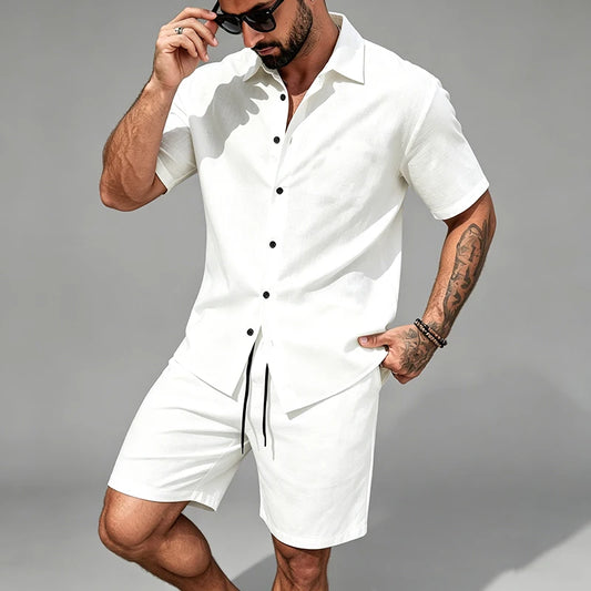 Men Linen Two Piece Outfit Short Sleeve Lapel Button Shirt Elastic Drawstring Shorts Summer Daily Seaside Vacation Casual Set
