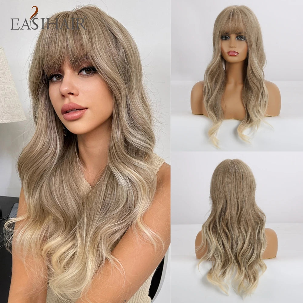 EASIHAIR Dark Brown Long Curly Synthetic Wig with Bangs Brown Women's Wigs for Cosplay Daily Use Heat Resistant Natural Hair