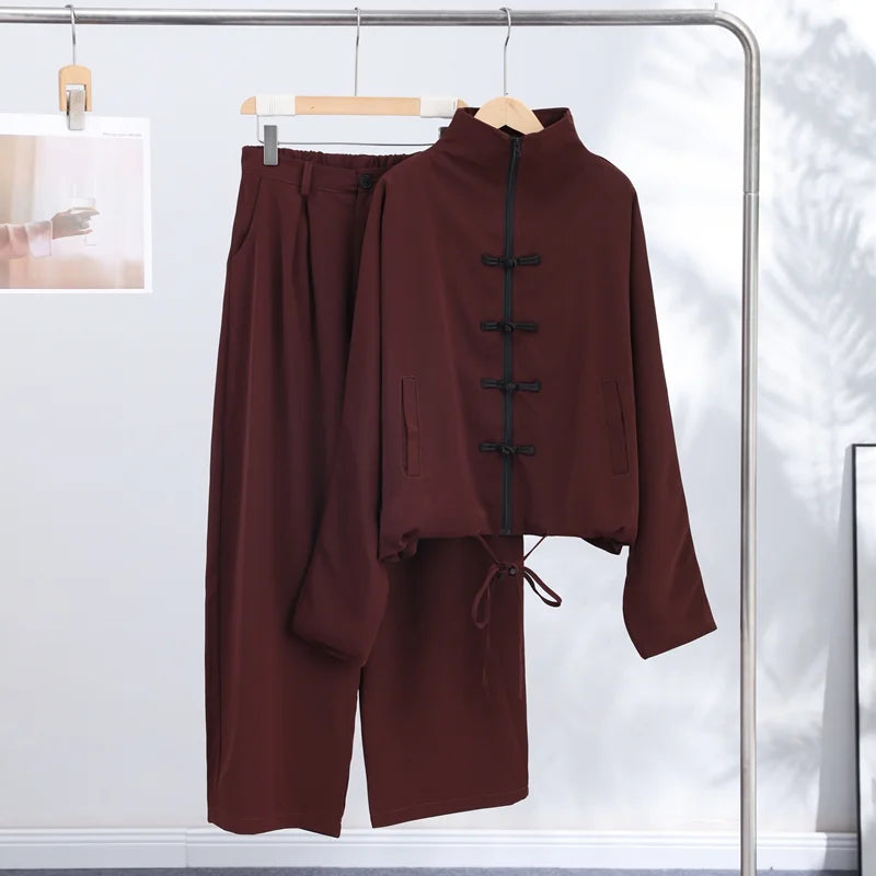 Casual Zipper Shirt Pants Suit Women Solid Button Stand Collar Drawstring Shirts Loose High Waist Trousers 2026 Spring Set Lady