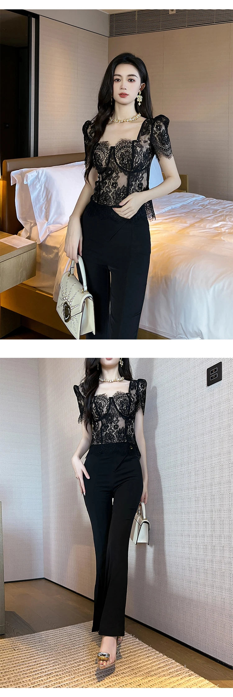 French Fashion Elegant Black Blouse Hook Floral See Through Women Tops Outfits Sheer Lace Sexy T-Shirts Tees Party Sweet Clothes
