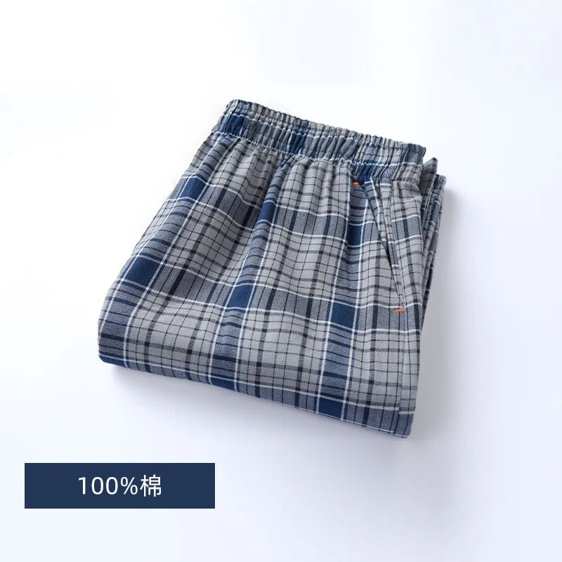 Spring Summer High Quality Pants Men 100% Cotton Sleep Bottoms Male Plus Size Night Trousers Men Casual Loose Plaid Home Pants