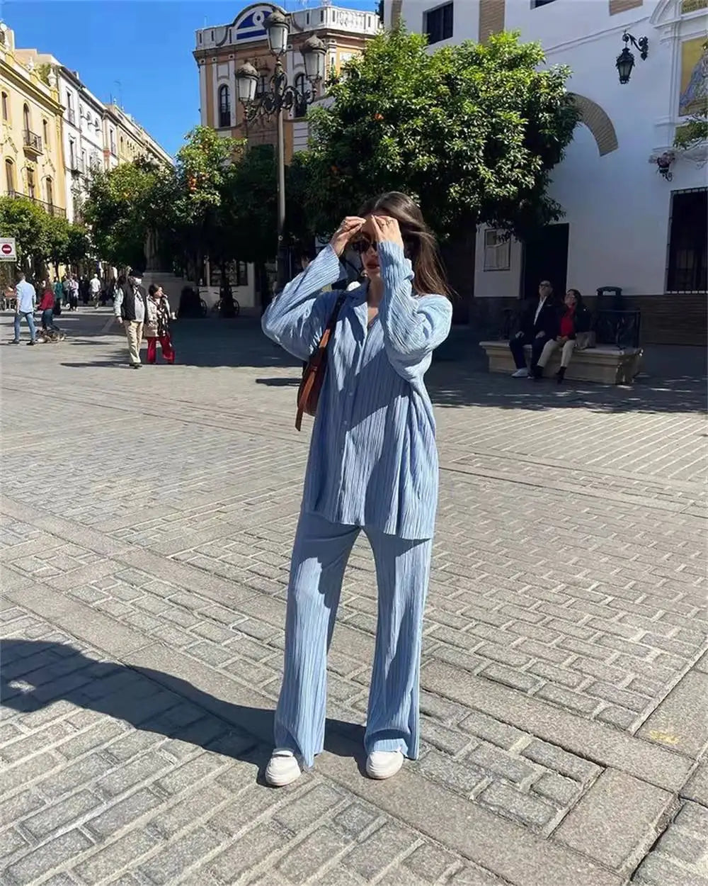 New Two Piece Set Women Outfits Pleated Women's Elegant  Drape Loose Sets Shirt High Waist Trousers Female Suit Fashion Casual